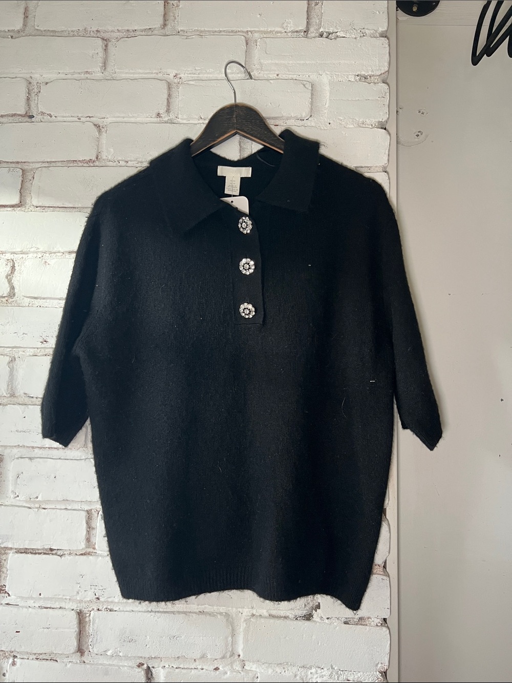 Women’s Black Short-Sleeve Polo Sweater with Decorative Buttons